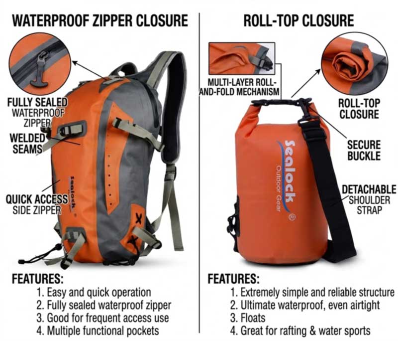 Roll Top vs Waterproof Zipper Camping Bags for OEM Projects
