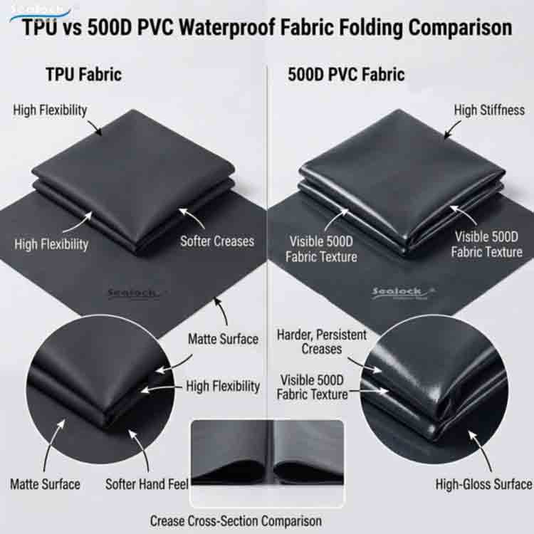 Close-up of TPU and PVC waterproof duffel bag fabric in a fold test