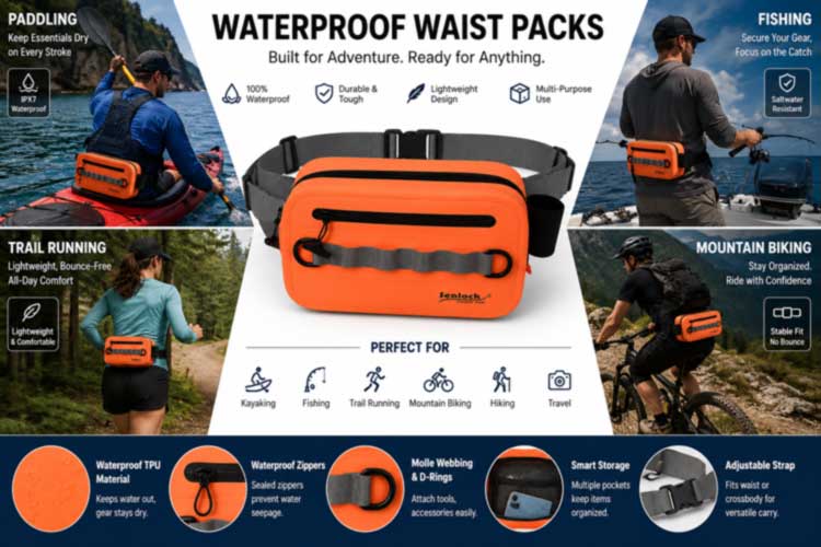 Waterproof waist packs used across paddling fishing trail running and mountain biking