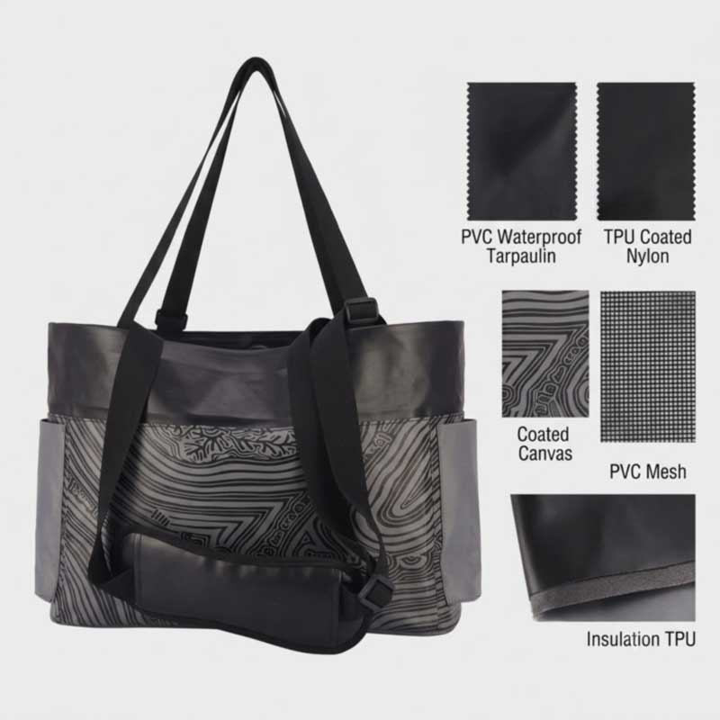 Swatches of PVC tarpaulin, TPU-coated nylon, coated canvas, PVC mesh and insulated TPU beside a finished tote