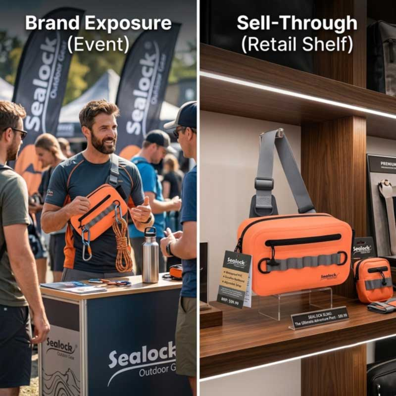 Branded waterproof sling bags at a trade-show giveaway beside one on a retail shelf with a hangtag