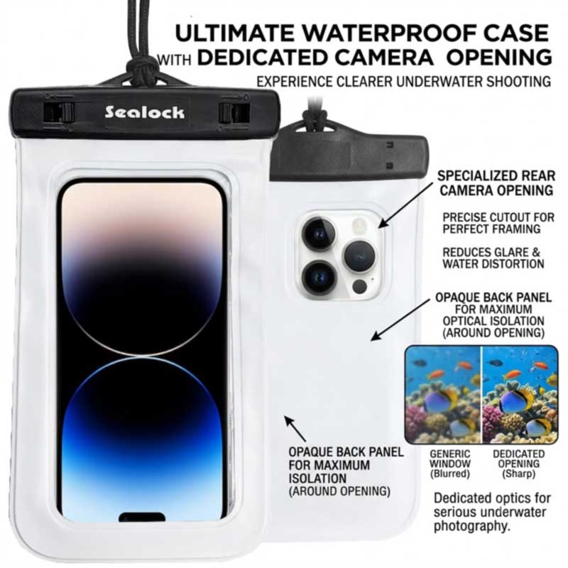 Dedicated rear camera window on waterproof phone pouch for clearer underwater photography