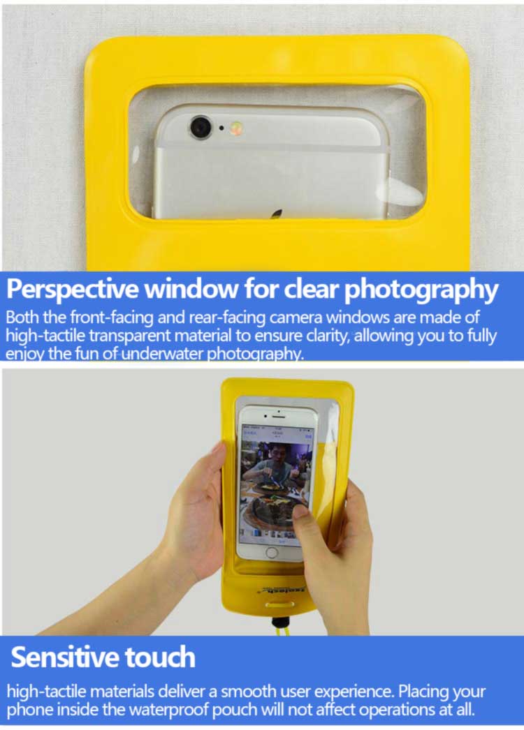 Transparent rear camera window on waterproof phone pouch positioned over the smartphone camera module