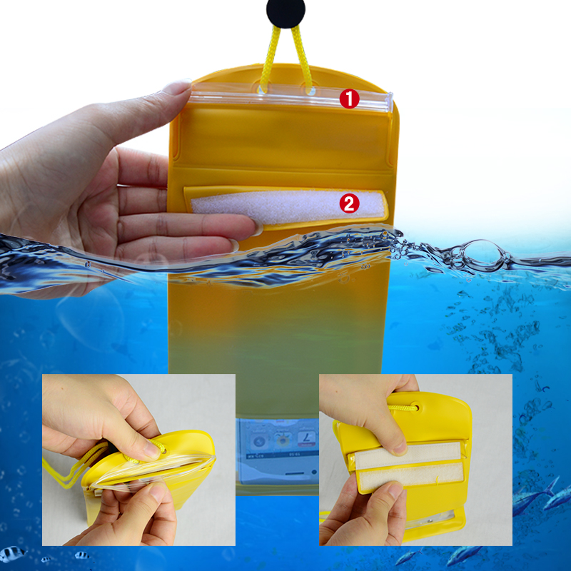 Dual-seal waterproof phone pouch showing press-to-close strip and fold-over foam compression bar