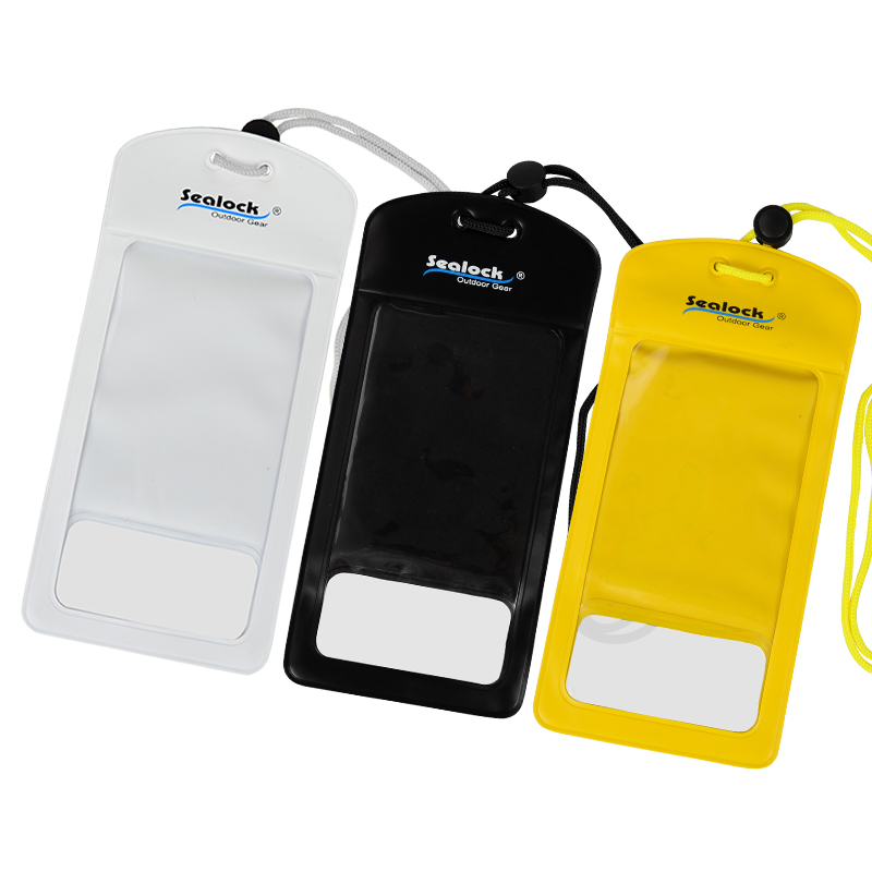 Waterproof phone pouch available in yellow, black, and frost white with adjustable lanyards
