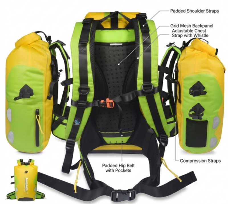 Welded waterproof backpack worn in rain showing back panel and harness on a sealed shell