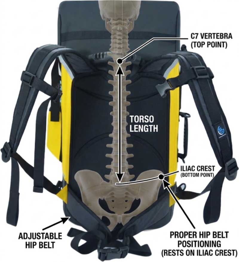 Measuring torso length and fitting a waterproof backpack hip belt on the hip bones