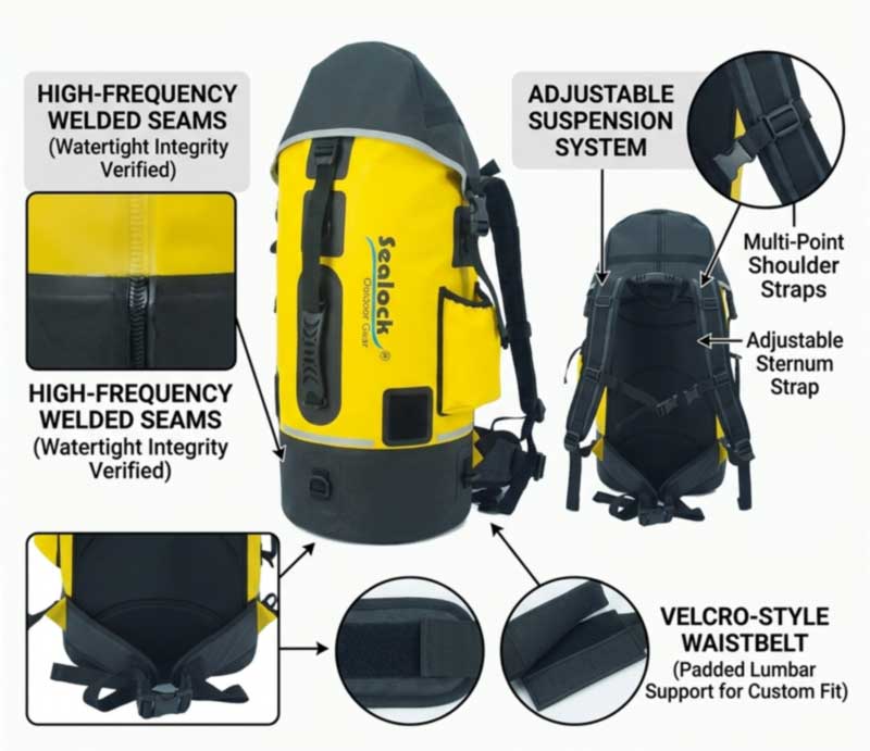 Adjustable suspension and hook-and-loop hip belt on a welded waterproof backpack