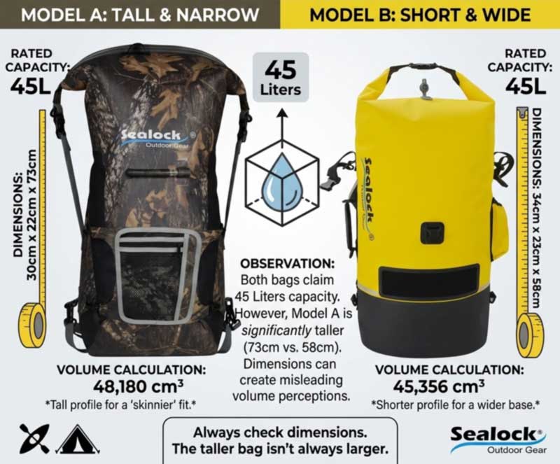 Two waterproof backpacks of the same stated capacity shown at visibly different sizes