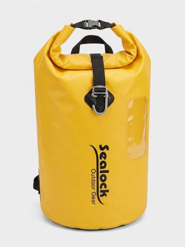 Side release buckles and metal G-hook retention on roll-top backpack collars with stiffened rim