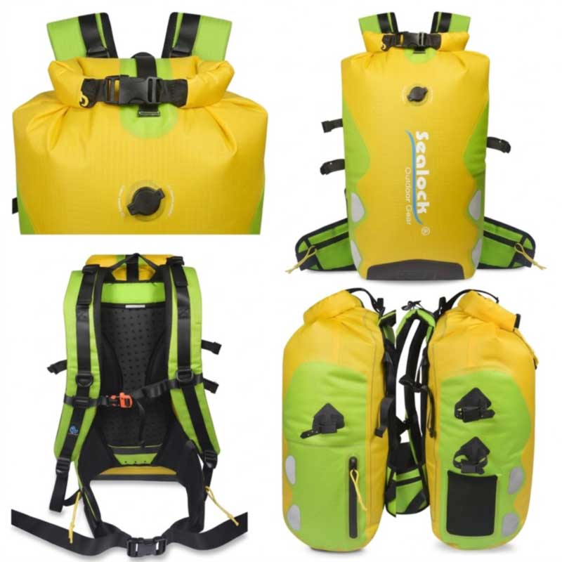 Roll-top backpack collar folded down three times with buckles at each end