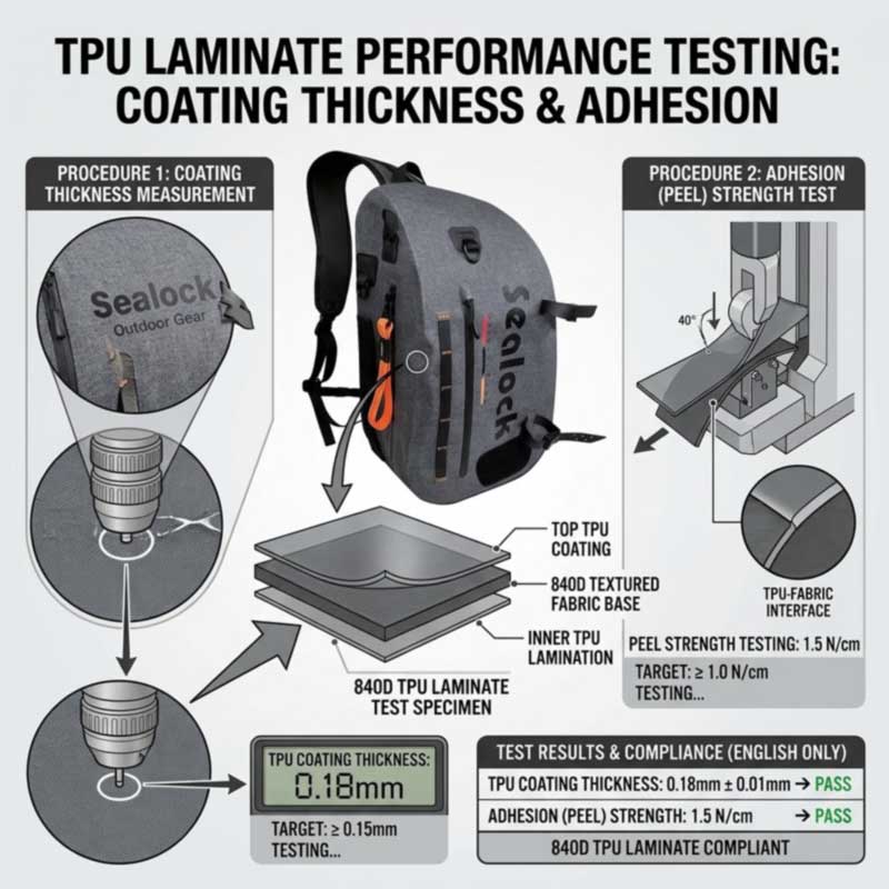 Coating thickness and adhesion checked on 840D TPU laminate with puncture test sample