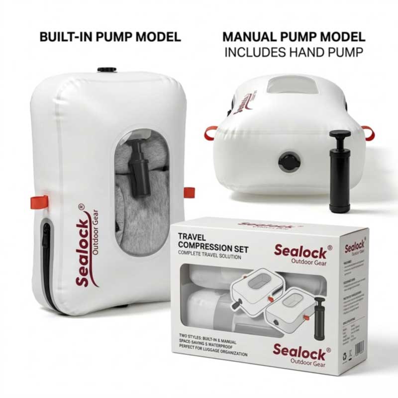 Travel compression set, built-in pump model and hand pump model with retail packaging