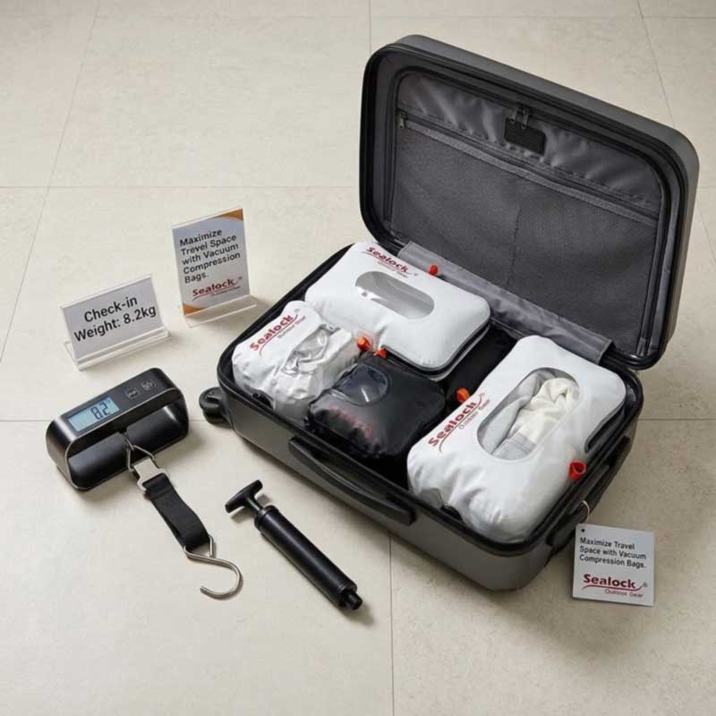 Carry-on case packed with vacuum compression bags beside a luggage scale