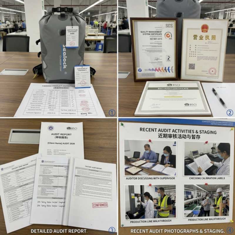 Factory certificates and audit reports beside a finished waterproof bag and an inspection report