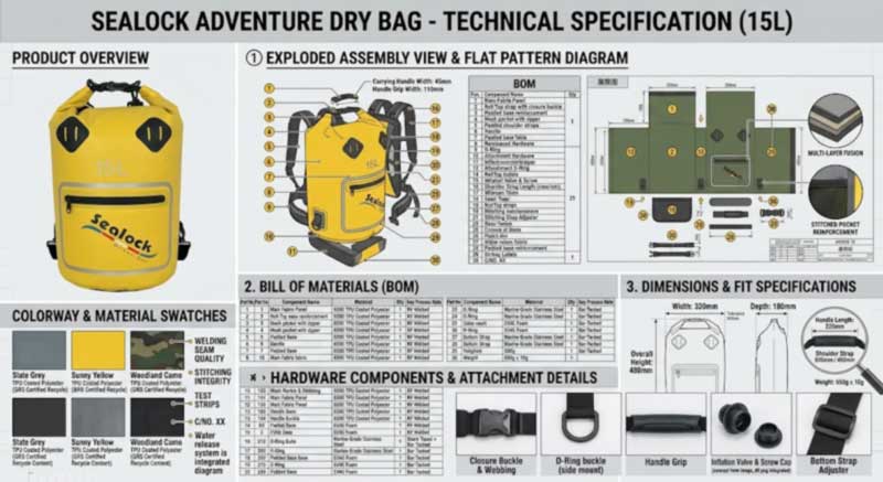 Waterproof bag tech pack pages with flats, BOM and measurements beside swatches and hardware
