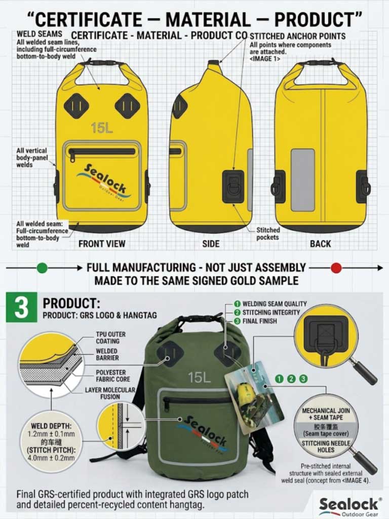 Technical drawing marked with welded seams, sewn anchors and penetration positions