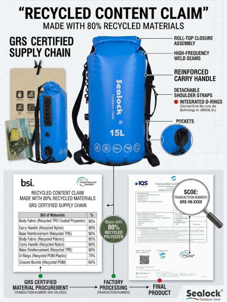 Product hangtag with a specific recycled content claim beside a GRS certificate