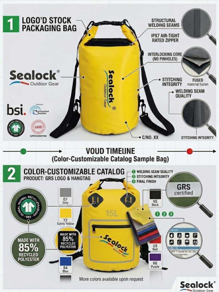 Stock bag with logo, catalogue model in custom colours, and a bespoke welded shape side by side