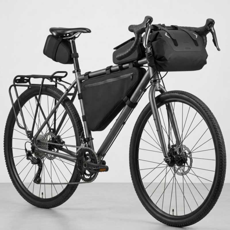 Gravel bike loaded with handlebar roll, frame bag, seat pack and top tube bag