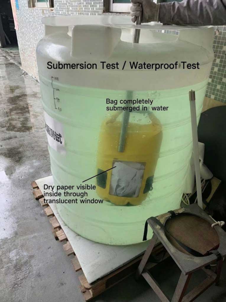 Wet dry bag main chamber filled with dry paper and held under water in an immersion test