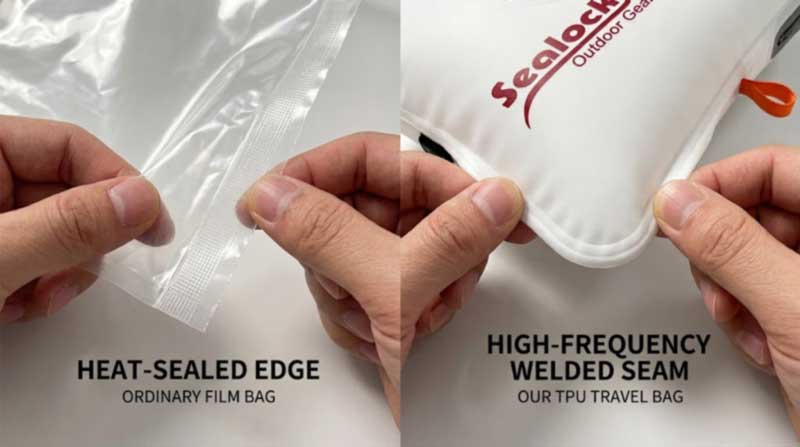 Thin plastic storage vacuum bag edge next to the welded TPU edge of a travel compression bag