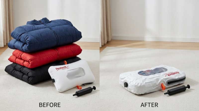 Stack of knitwear and a down jacket before and after compression in a vacuum bag for clothes