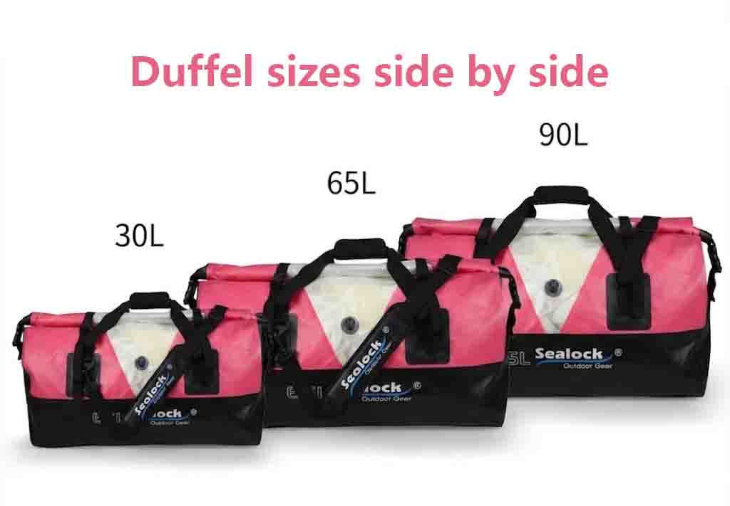 Three duffel bags of 30L, 60L and 90L side by side showing the size difference